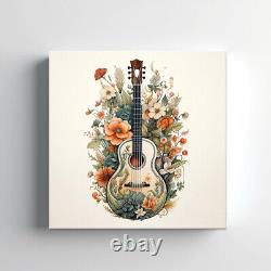 Acoustic Guitar Music Flowers Watercolour Painting Canvas Print Wall Art